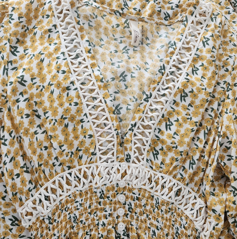 Elan Daisy Yellow Floral Crochet Trim Midi Dress Cottagecore Boho Smocked Small - Picture 6 of 12
